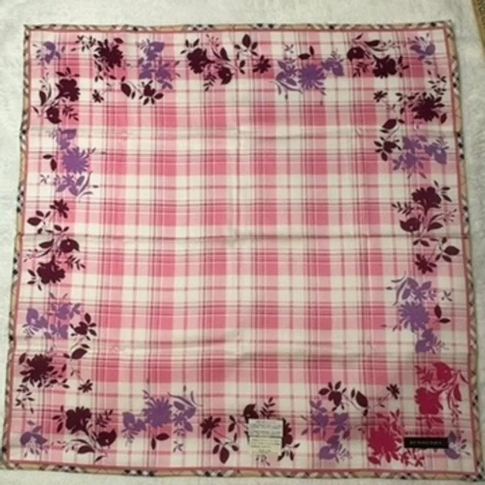 Vtg BURBERRY Scarf Handkerchief Plaid Floral Cotton Pink 19.5